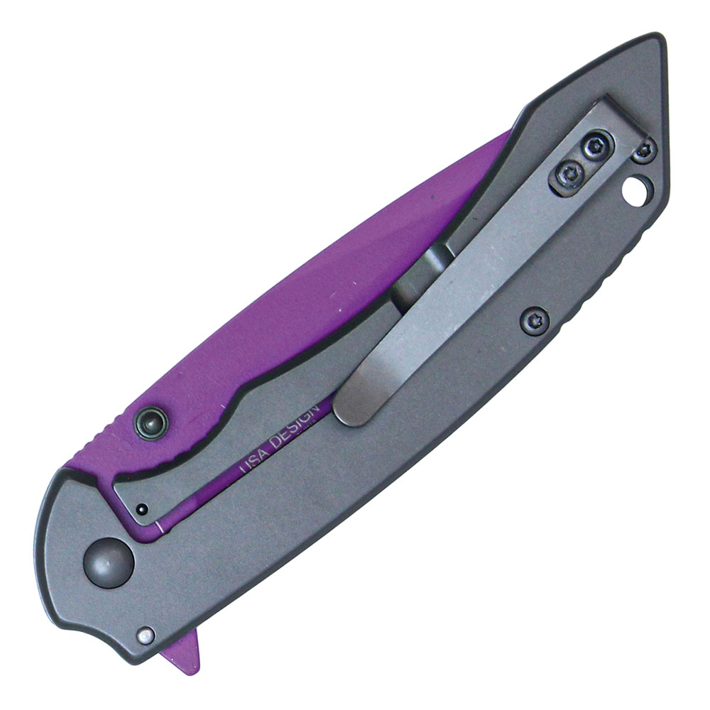 Assisted Open Folding Pocket Knife with Grey handle and Purple Blade view 4